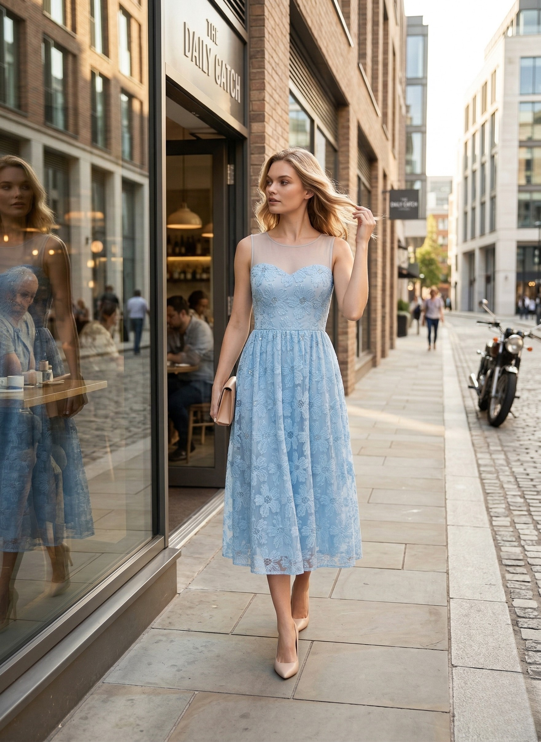 Dziewczyna idąca po chodniku w Błękitnej sukni z kwiatowej koronki z rozkloszowanym dołem i transparentnym dekoltem.