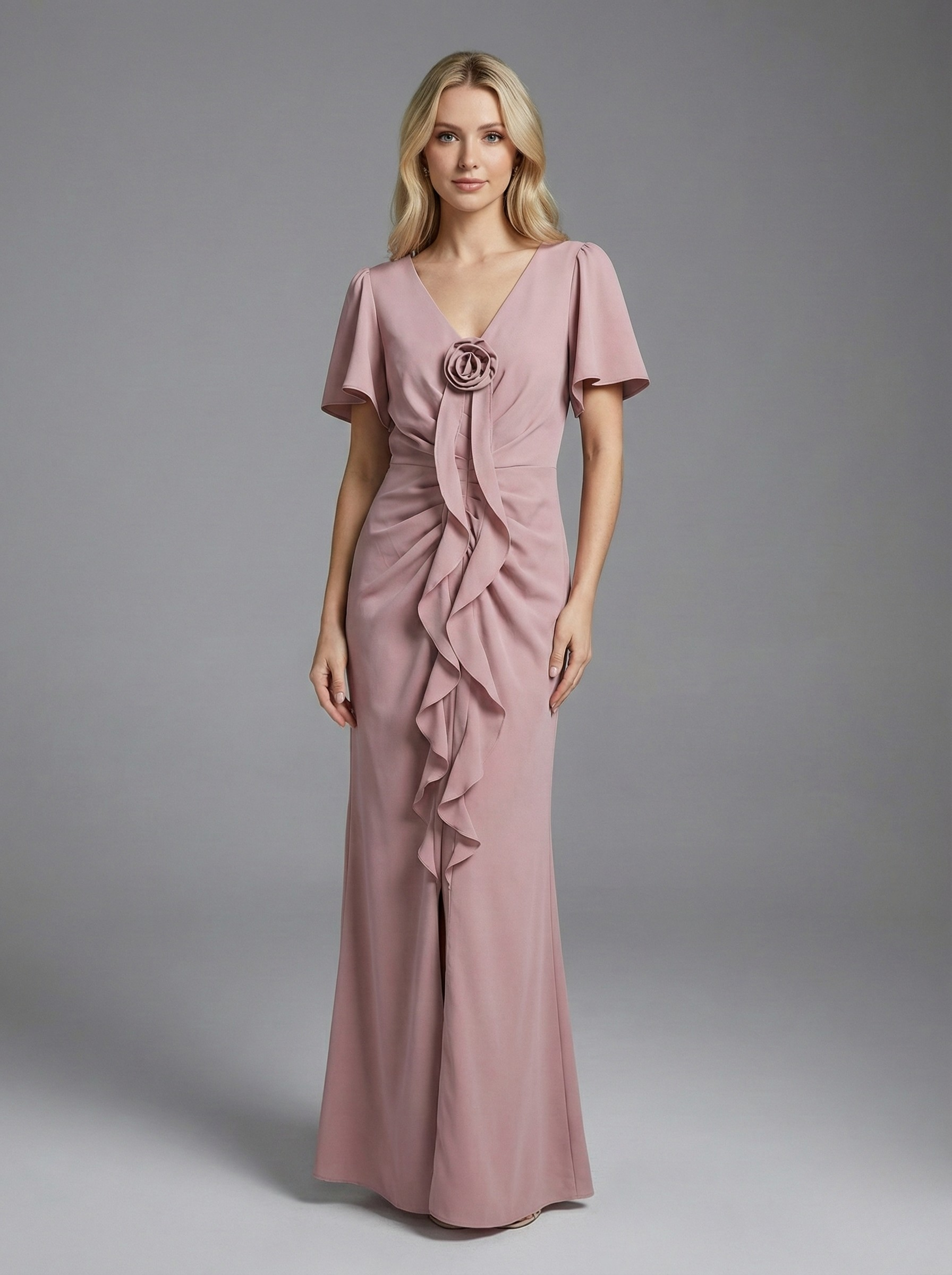 Jasno-fioletowy maxi Elegancka Suknia Drapowana – Kwiatowa Ozdoba i Zwiewne Rękawy - zdjęcie 1