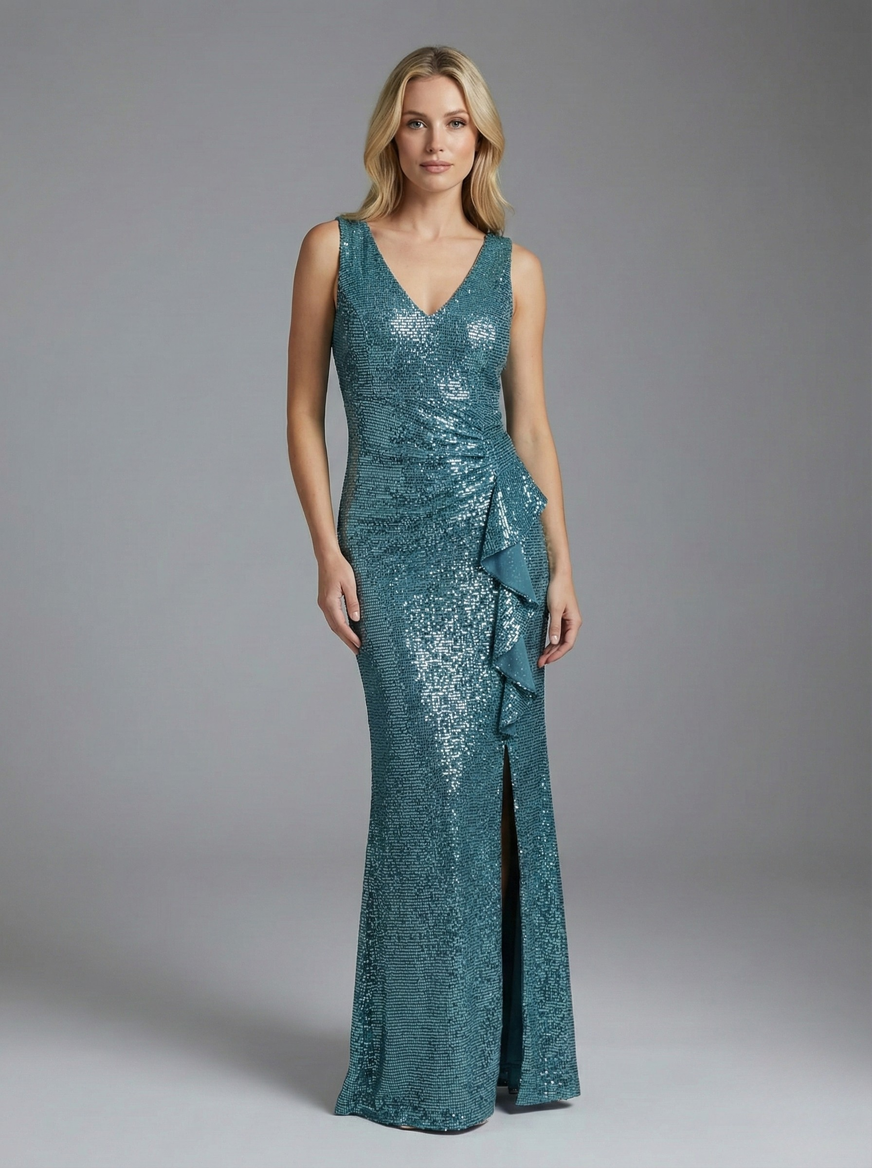 Szary maxi Olśniewająca Suknia Wieczorowa – Cekinowy Blask z Boczną Falbaną - zdjęcie 1