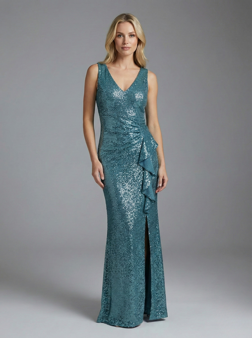 Szary maxi Olśniewająca Suknia Wieczorowa – Cekinowy Blask z Boczną Falbaną - zdjęcie 1