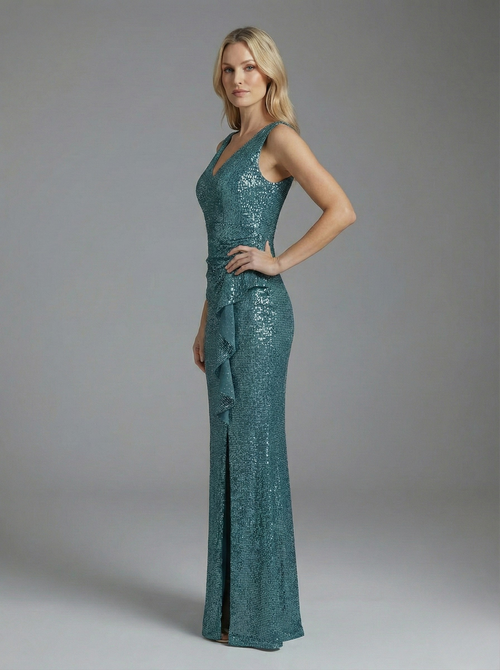 Szary maxi Olśniewająca Suknia Wieczorowa – Cekinowy Blask z Boczną Falbaną - zdjęcie 2