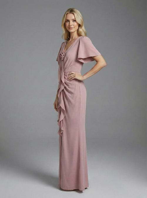 Jasno-fioletowy maxi Elegancka Suknia Drapowana – Kwiatowa Ozdoba i Zwiewne Rękawy - zdjęcie 2