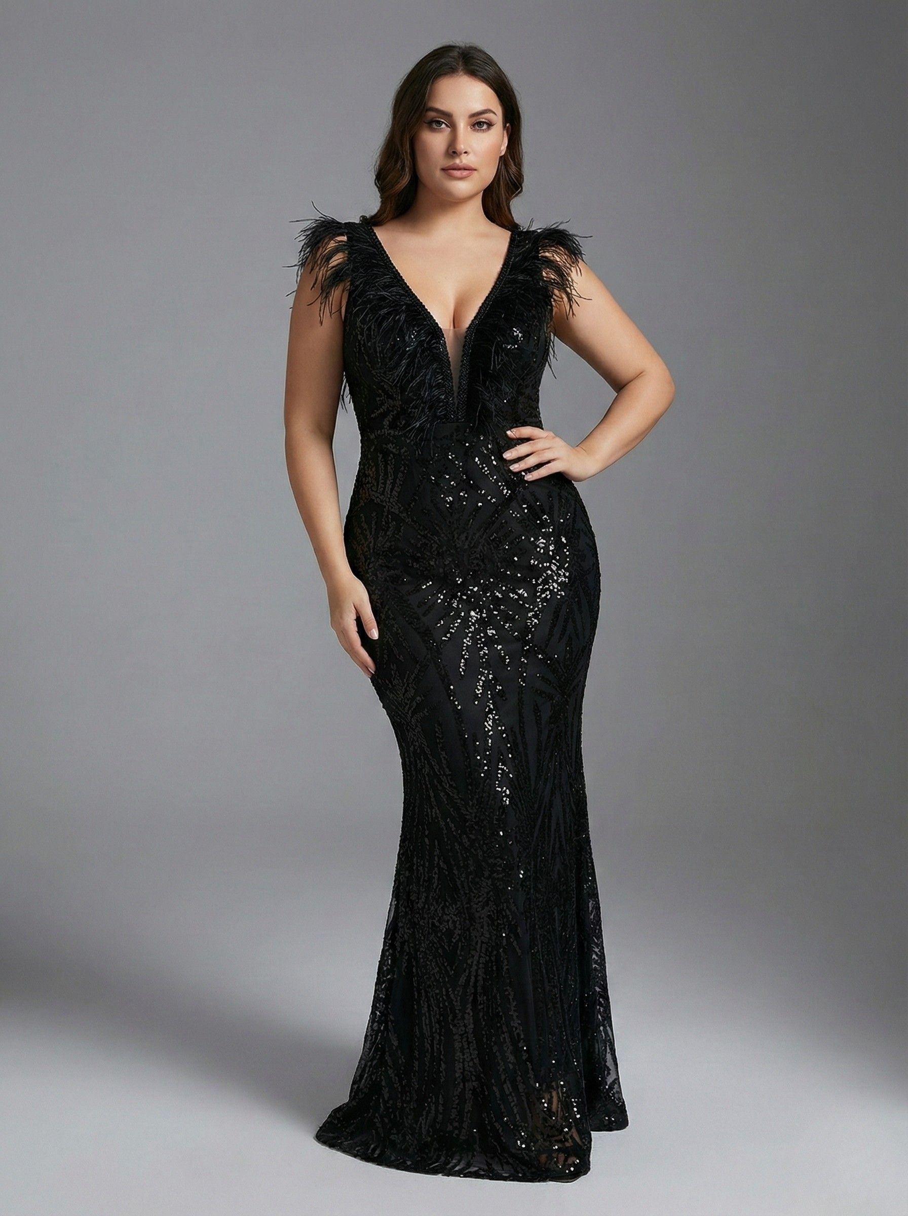 Czarna Elegancka Suknia Wieczorowa Syrena z Piórami i Cekinami - zdjęcie 1