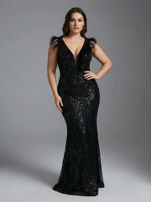 Czarna Elegancka Suknia Wieczorowa Syrena z Piórami i Cekinami - zdjęcie 1